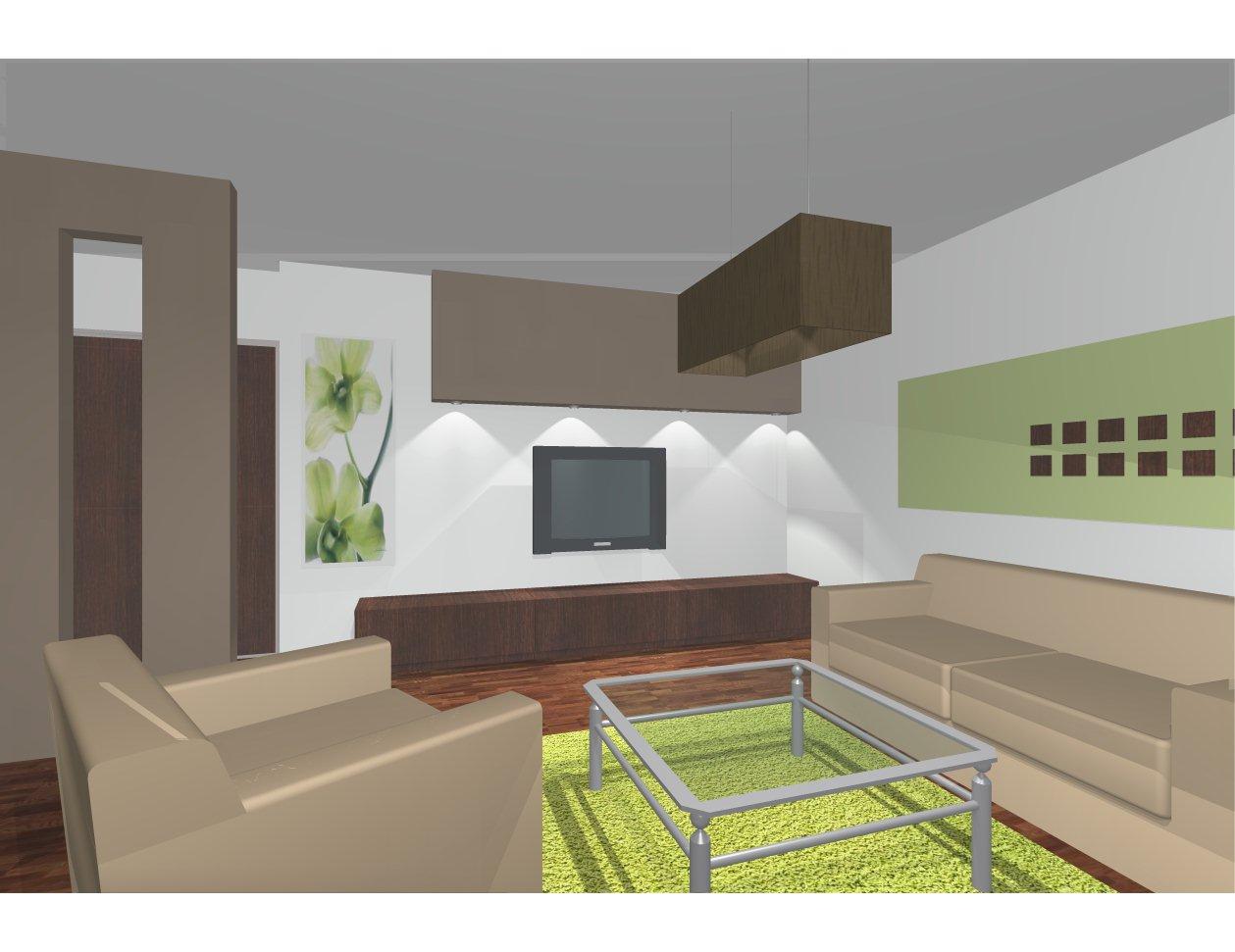 Wizualizacja salonu z beżową sofą, fotelem, szklanym stolikiem kawowym na zielonym dywanie, telewizorem na ścianie podświetlonym punktowymi lampami, obrazem z motywem kwiatowym i geometryczną...